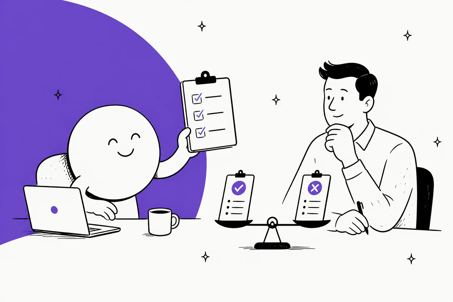 Hand-drawn illustration of a round, smiling dot character at a laptop holding up a checklist for approval while a person weighs a pros and cons scale