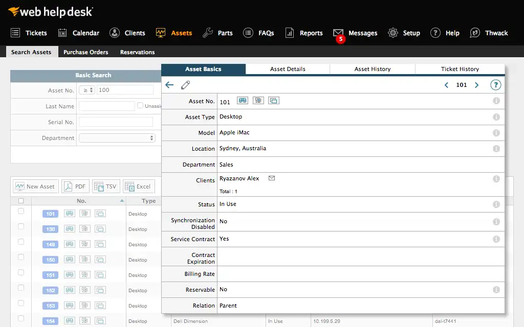 Web Help Desk asset record showing an Apple iMac in Sydney assigned to the Sales department with a service contract, as taken from SolarWinds
