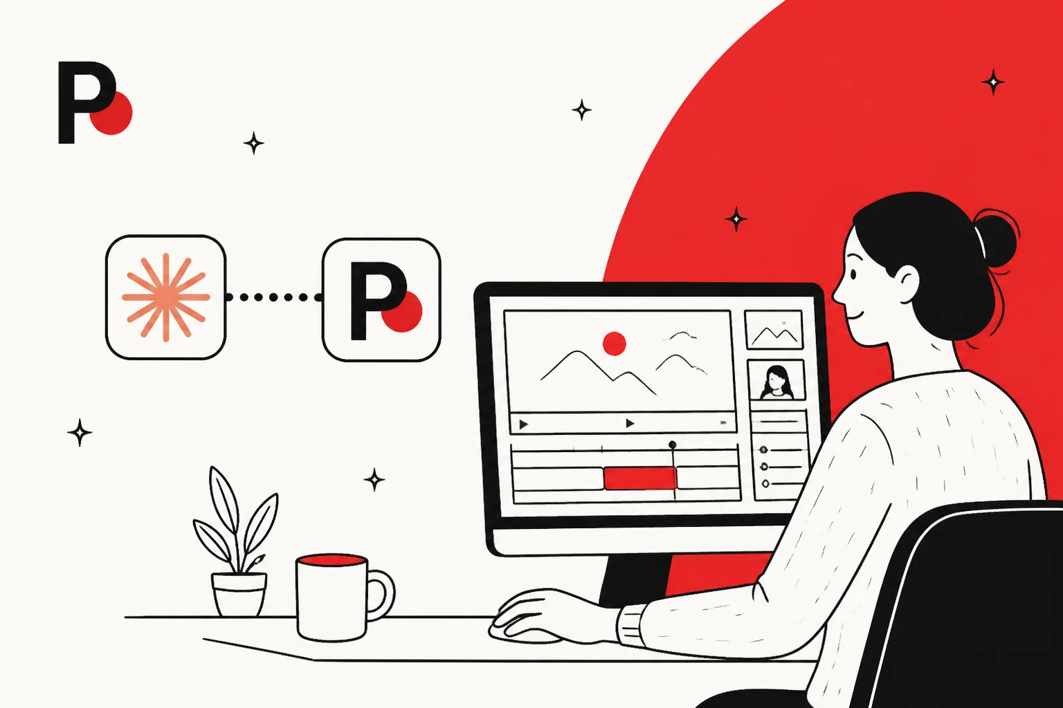 Illustrated hero banner for connecting Claude to the Palmier Pro AI video editor, with a timeline and generation motif
