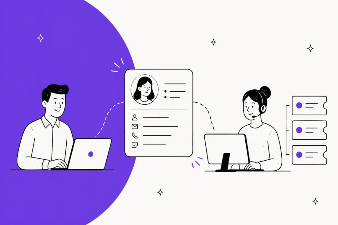 Illustration of a sales rep and a support agent working from one shared customer record, with a ticket queue on the right