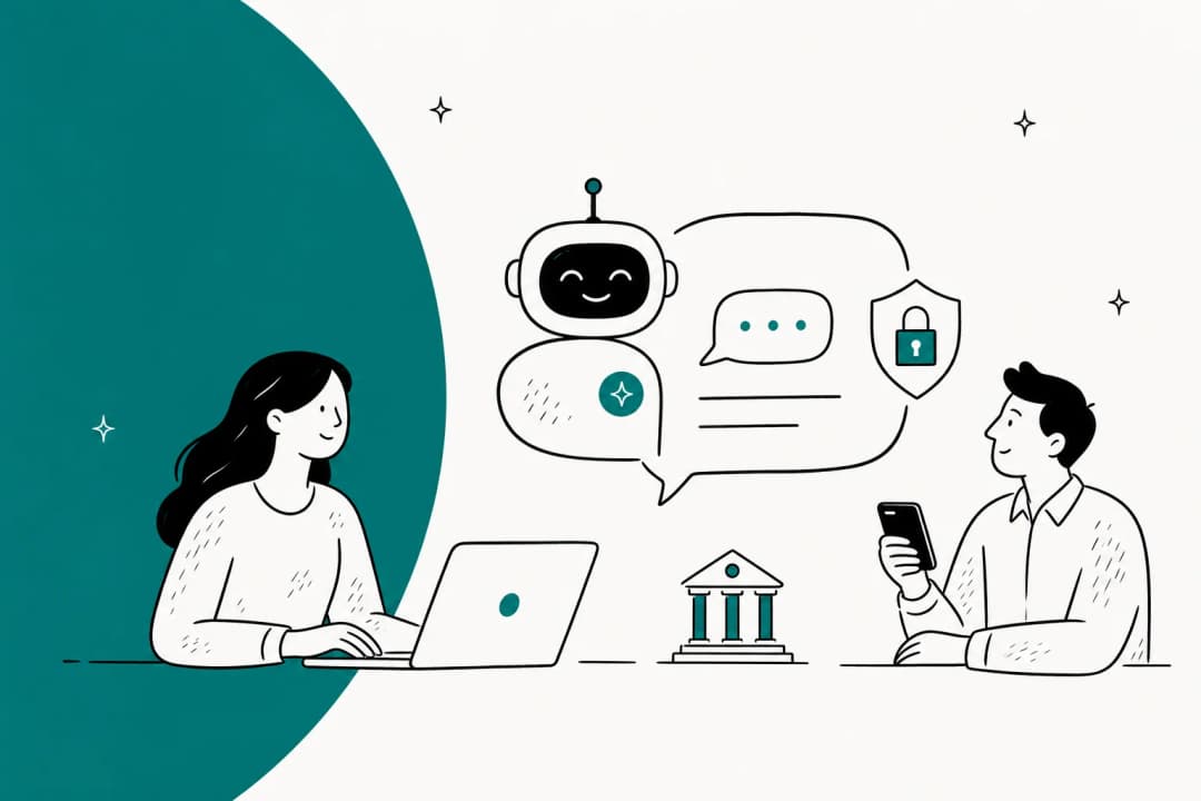Illustration of an AI chatbot for fintech customer support with a secure chat and finance motif