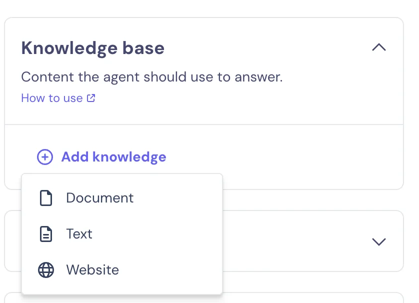 The Add knowledge menu on a Landbot AI Agent offering three source types: Document, Text and Website, as taken from the Landbot help center