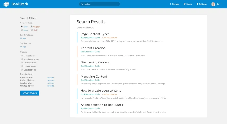 BookStack search results page with content-type filters in the left rail and six matching pages listed, as taken from BookStack