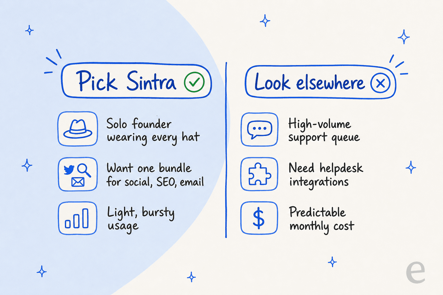 Who should pick Sintra versus who should look elsewhere: solo founders with light bursty usage versus teams with high-volume support, helpdesk integration needs, or predictable-cost requirements