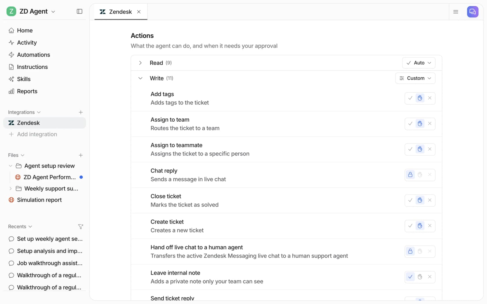 eesel's Zendesk actions settings, with the Read group on Auto and Write actions like assign, close ticket and send reply each set to auto, needs approval or disabled, as taken from eesel docs