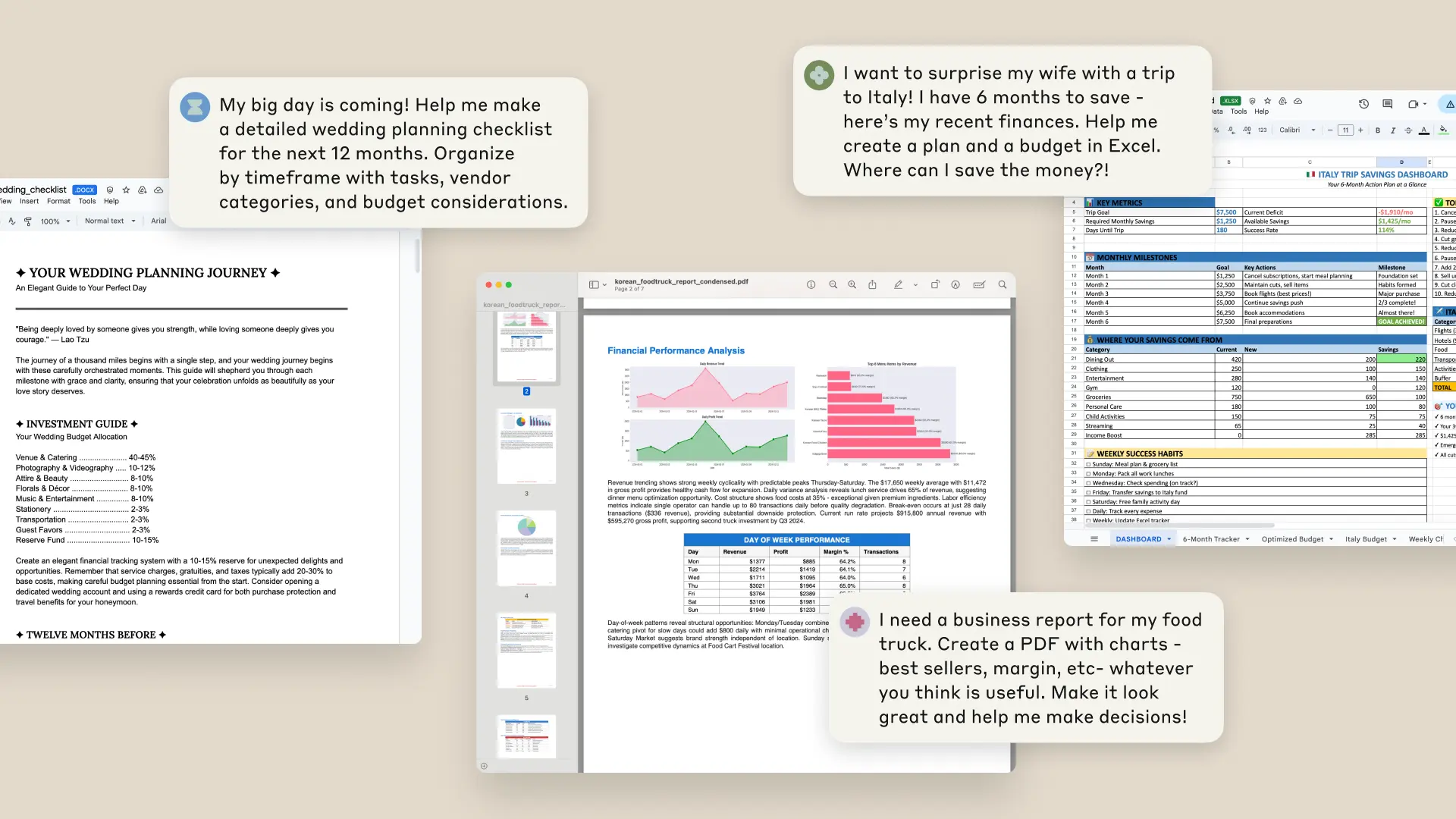 Anthropic's launch material showing three plain-language prompts and the resulting Word checklist, Excel dashboard, and PDF report, from Anthropic.
