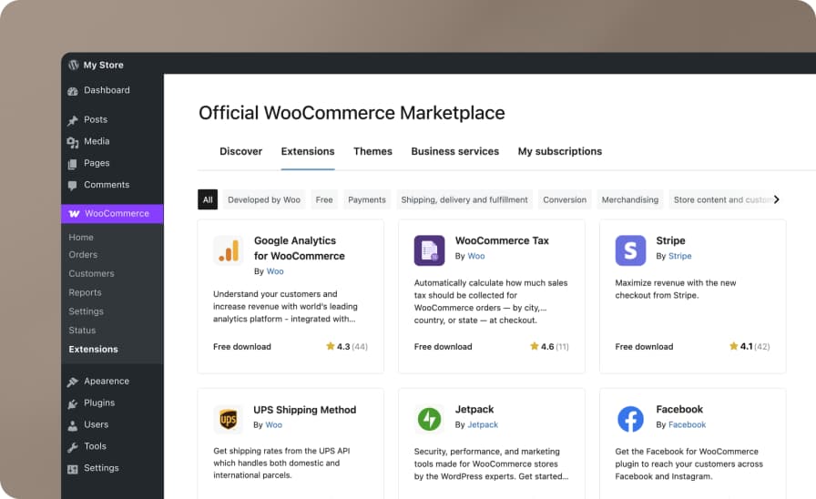 The official WooCommerce Marketplace inside the WordPress admin, showing extensions with prices and ratings, as taken from WooCommerce