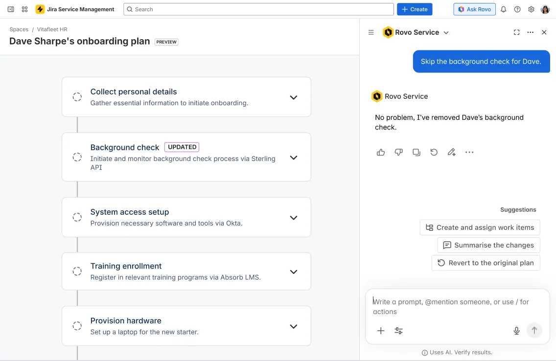 Rovo Service building an employee onboarding plan inside Jira Service Management, as taken from Atlassian