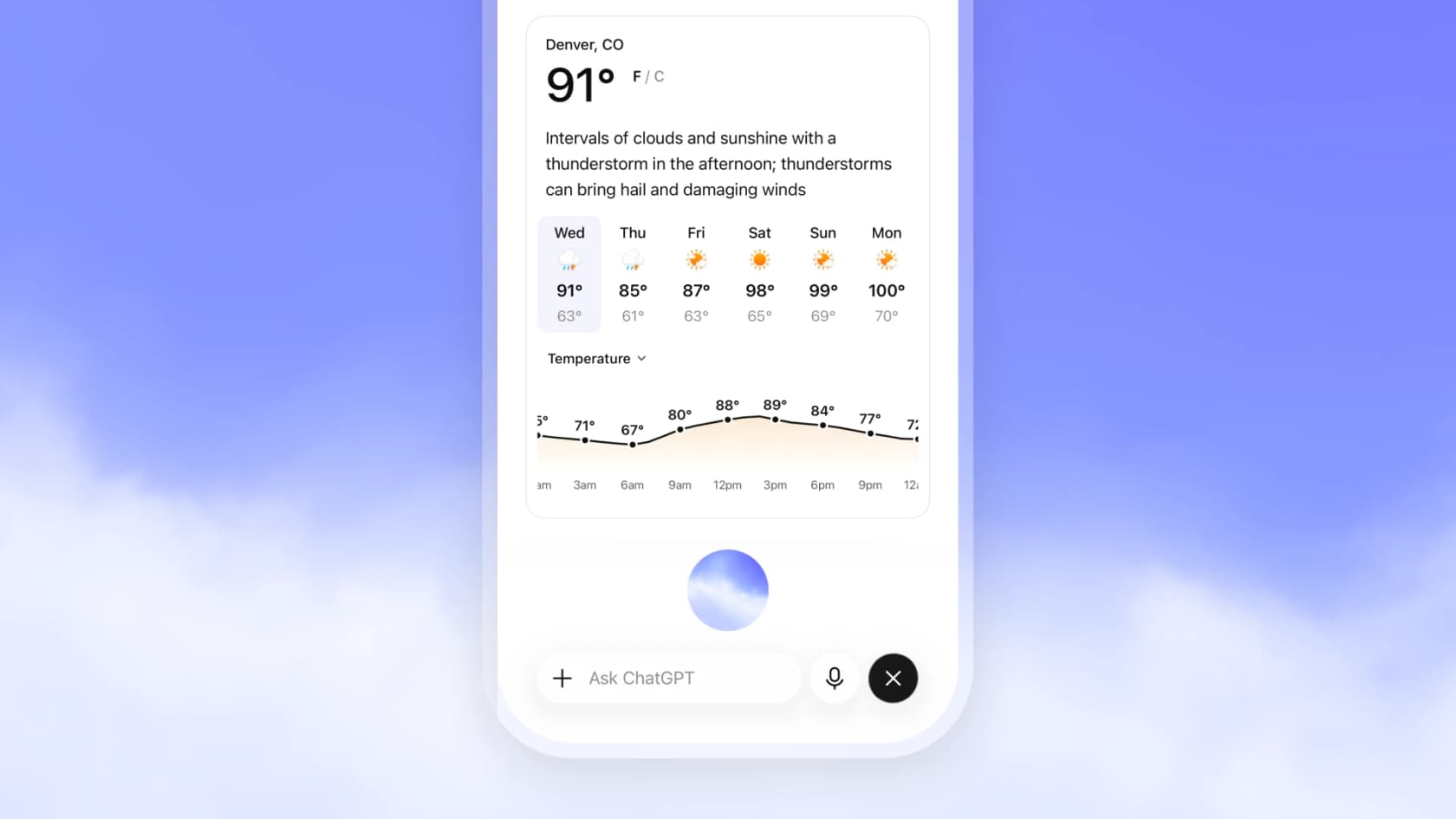 ChatGPT Voice showing a weather card for Denver, Colorado, as shown in OpenAI's GPT-Live announcement