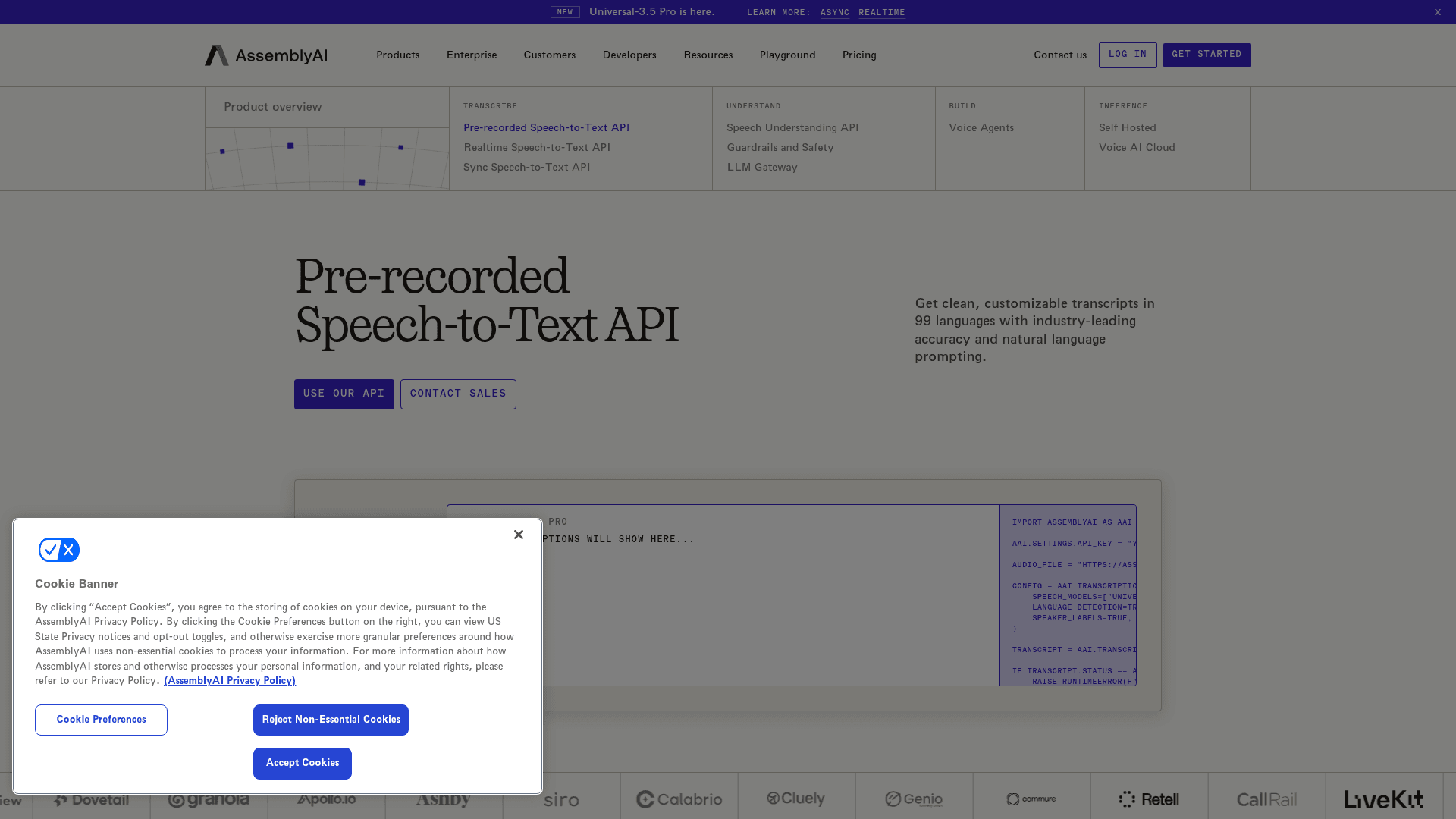 The AssemblyAI speech-to-text product page, as taken from AssemblyAI