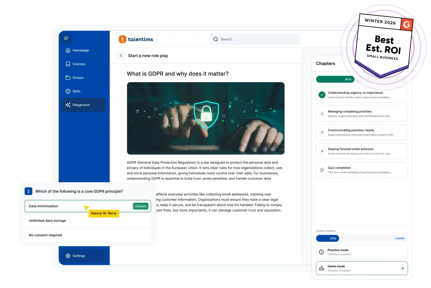 TalentLMS course dashboard with a lesson, quiz question and chapter list, as taken from TalentLMS