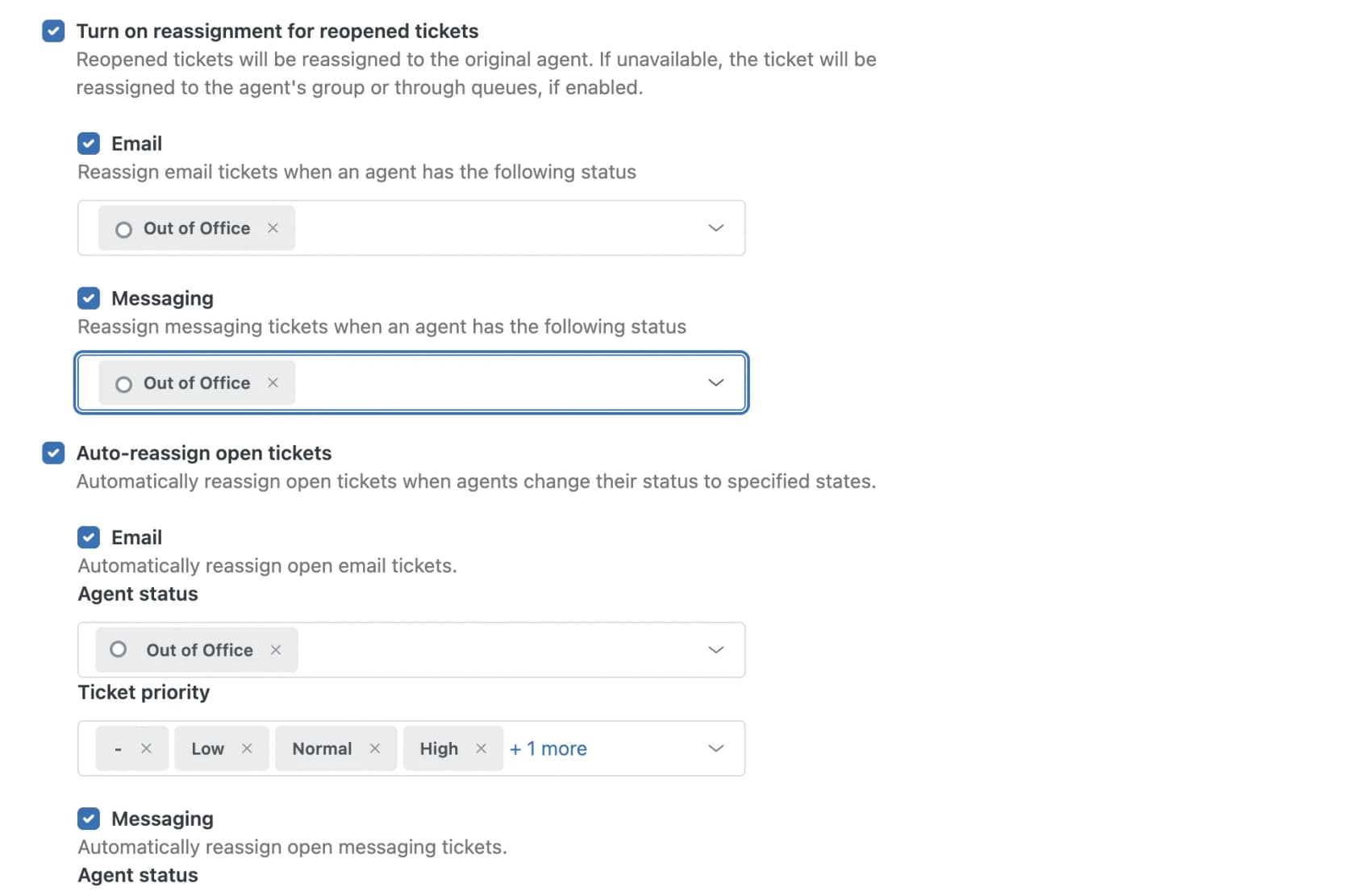 Zendesk omnichannel routing settings with reassignment for reopened tickets and auto-reassign open tickets both turned on for the Out of Office status, as taken from Zendesk