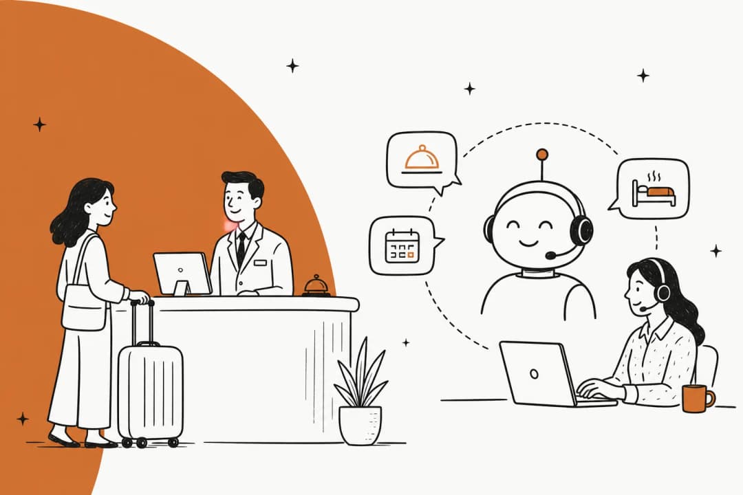 Illustration of a hospitality customer support automation workflow in warm amber on an off-white background