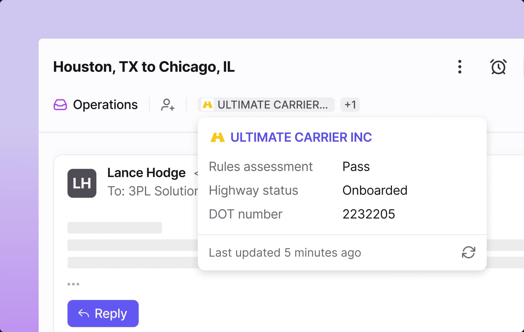 Front shared inbox showing an operations conversation with carrier data pulled in from a connected system, as taken from Front