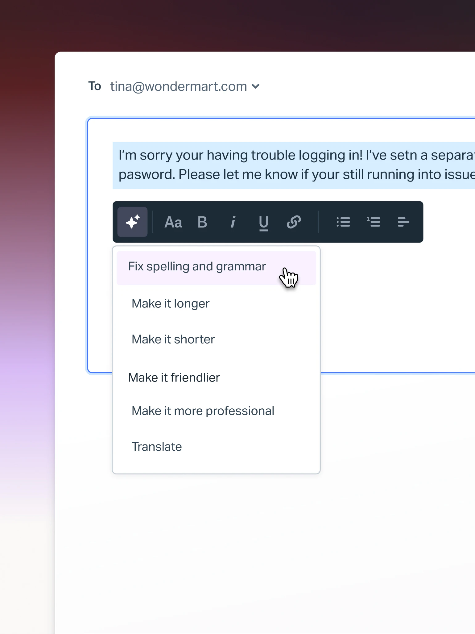 Help Scout's AI Assist editing an email reply, with options to fix spelling, change tone, and translate