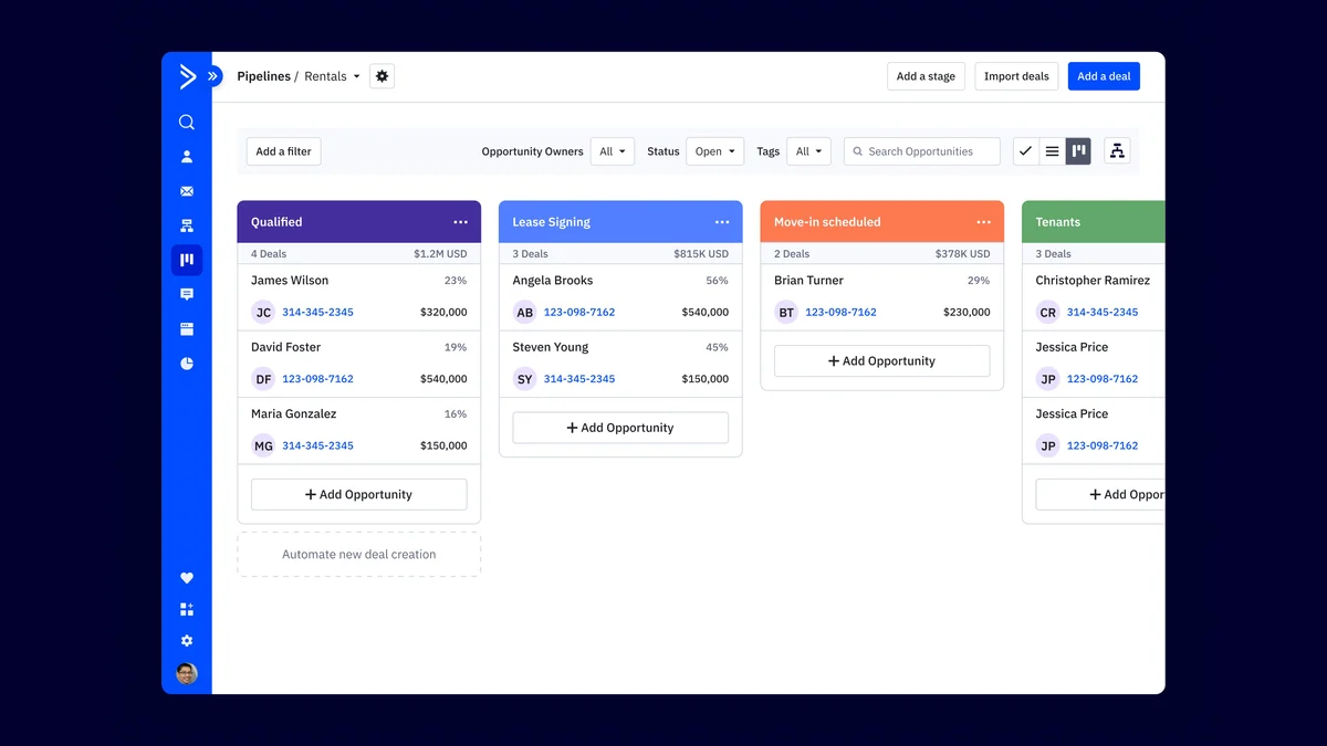 ActiveCampaign's sales automation CRM showing a deal pipeline with columns for qualified, lease signing, and move-in scheduled deals, each card carrying a value and win probability