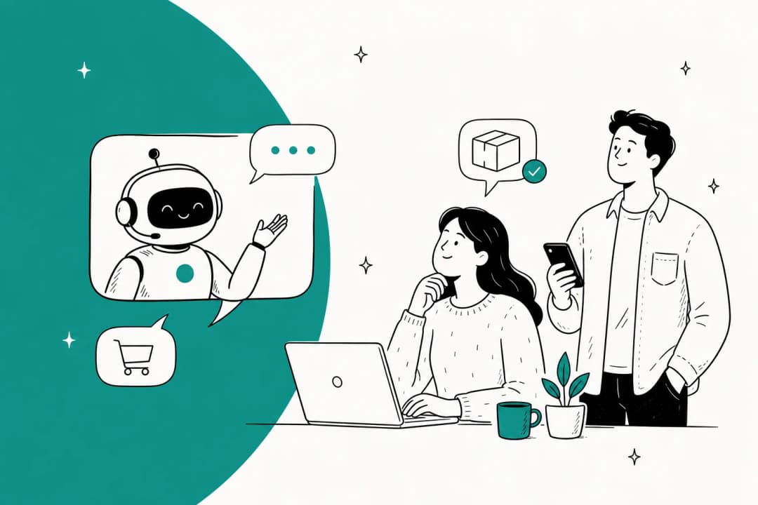 Illustration of an AI chatbot handling ecommerce customer questions about orders and returns