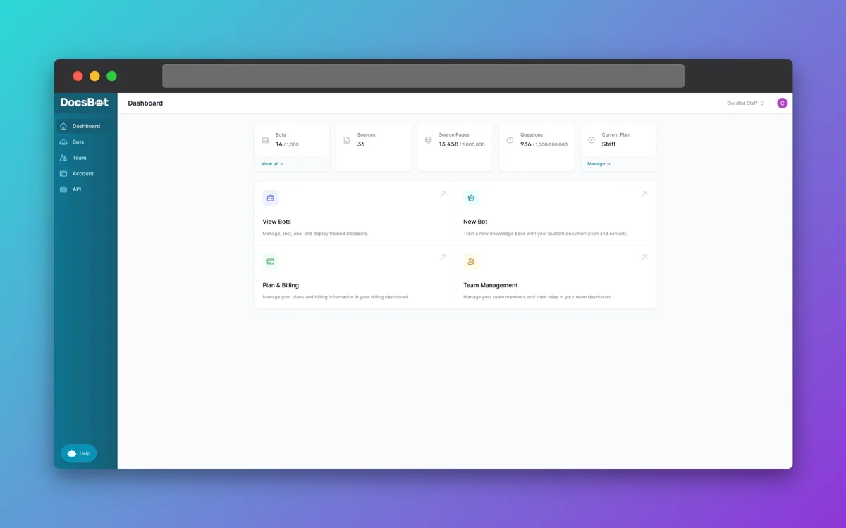 The DocsBot dashboard showing bots, sources, and monthly AI credit usage, as taken from DocsBot