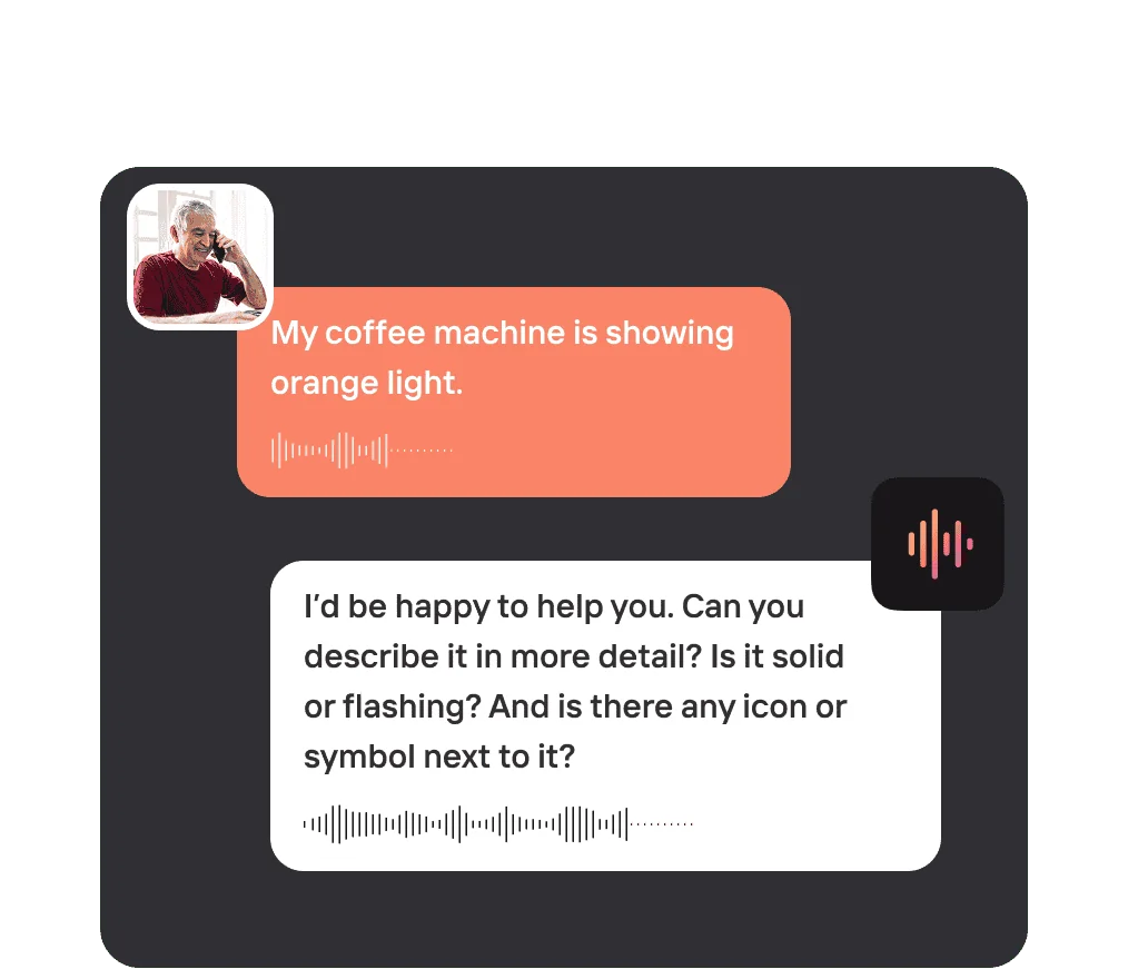Mavenoid's AI walking a customer through a coffee-machine fault over voice, as taken from Mavenoid