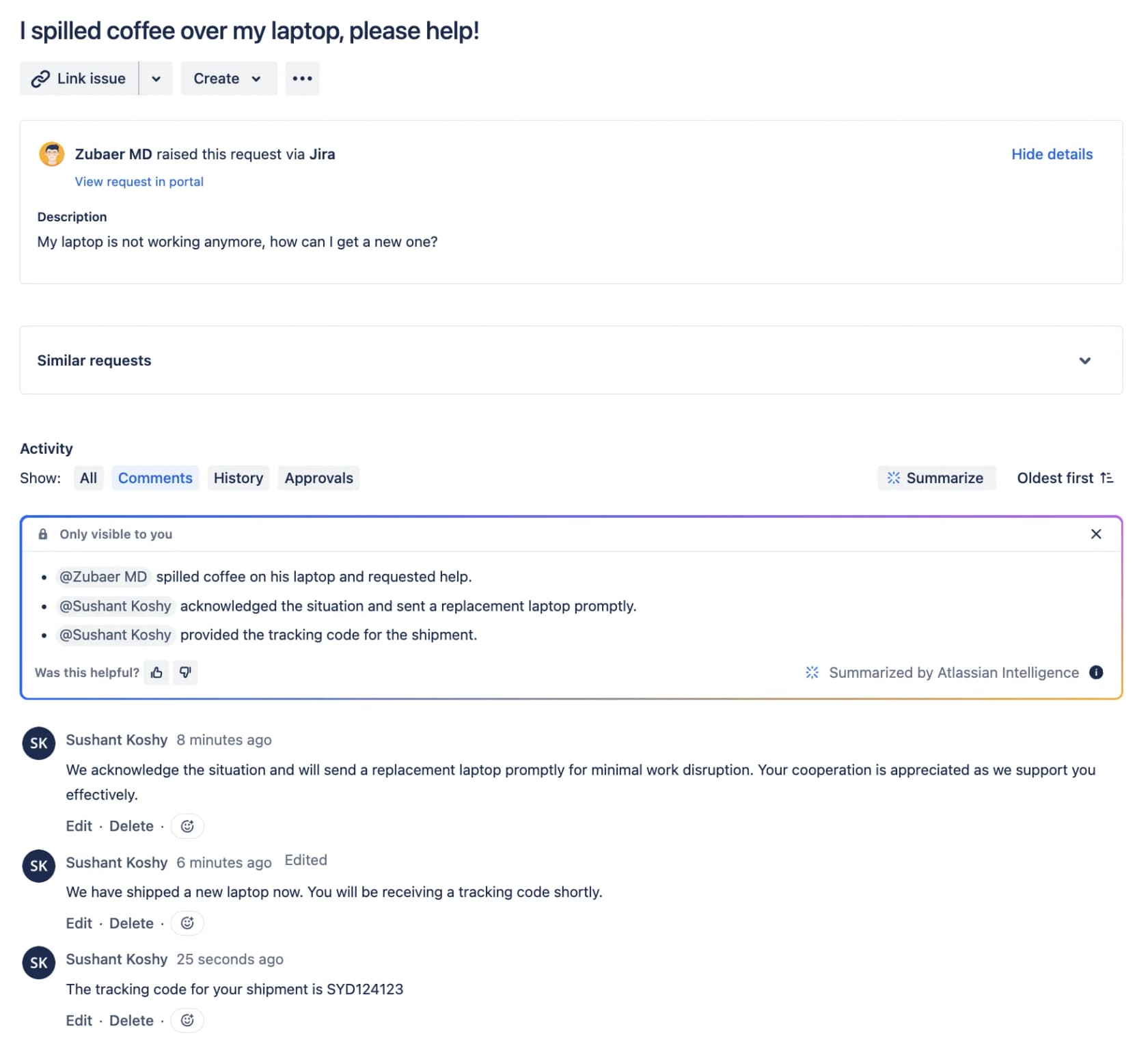 An Atlassian Intelligence summary collapsing a long request thread into three bullet points on a Jira Service Management issue, as taken from Atlassian's support docs