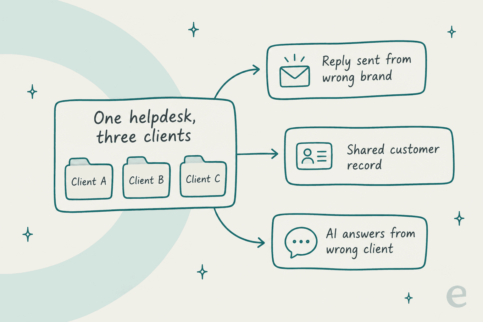 One helpdesk with three client folders leaking into three problems: reply sent from the wrong brand, a shared customer record, and AI answering from the wrong client