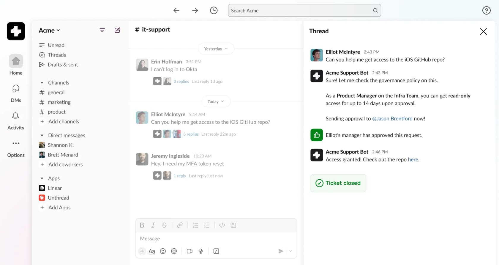 Unthread resolving an IT support request and closing the ticket inside a Slack thread, as taken from Unthread