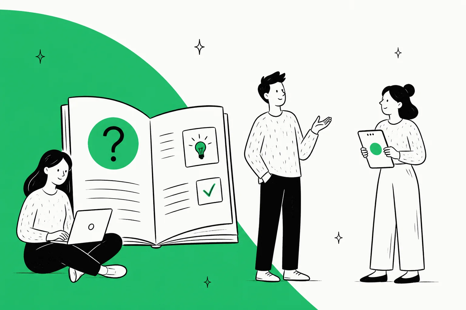Illustration of people reading and building a help center knowledge base