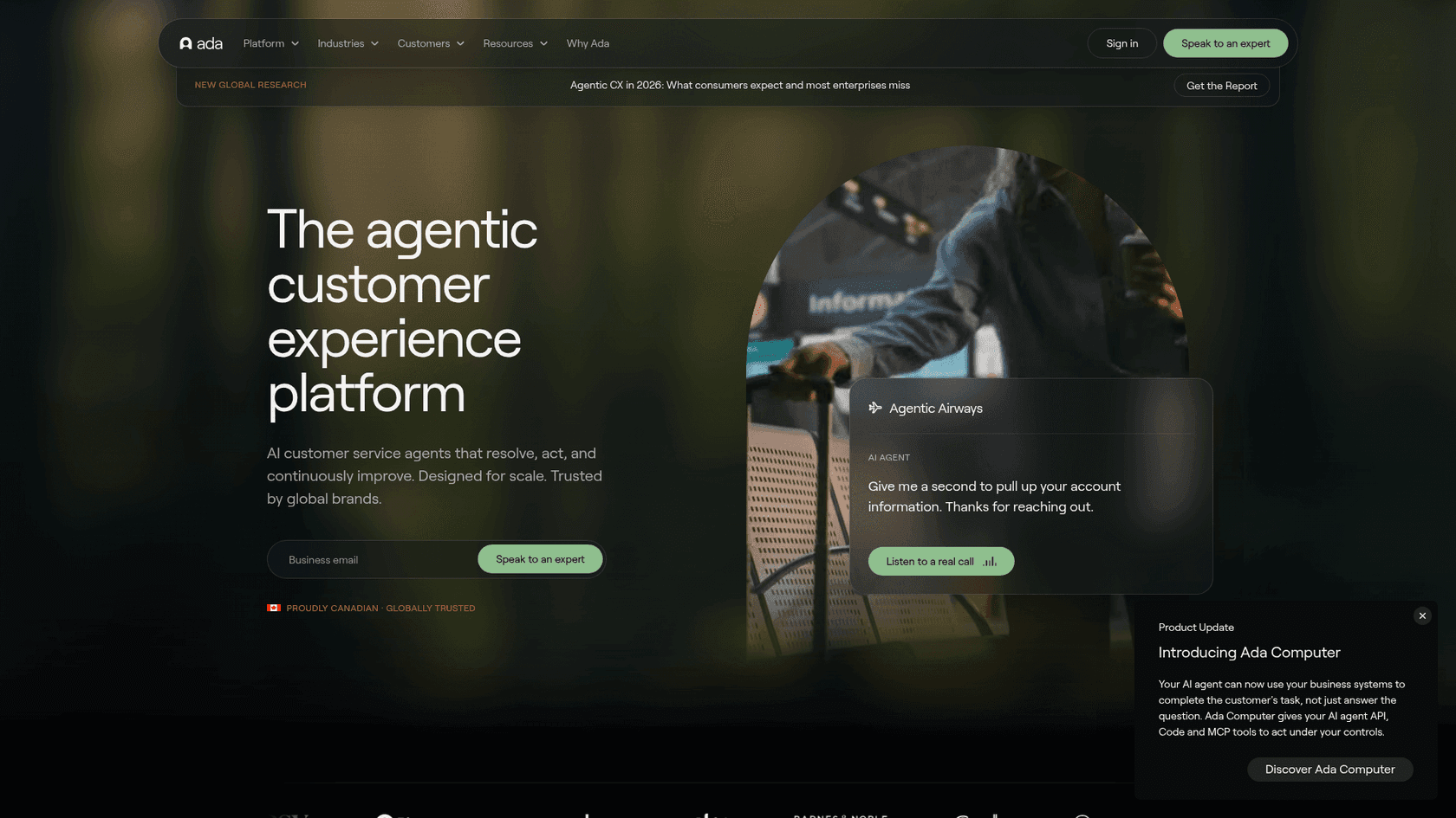 Ada homepage with "The agentic customer experience platform" headline, as taken from Ada