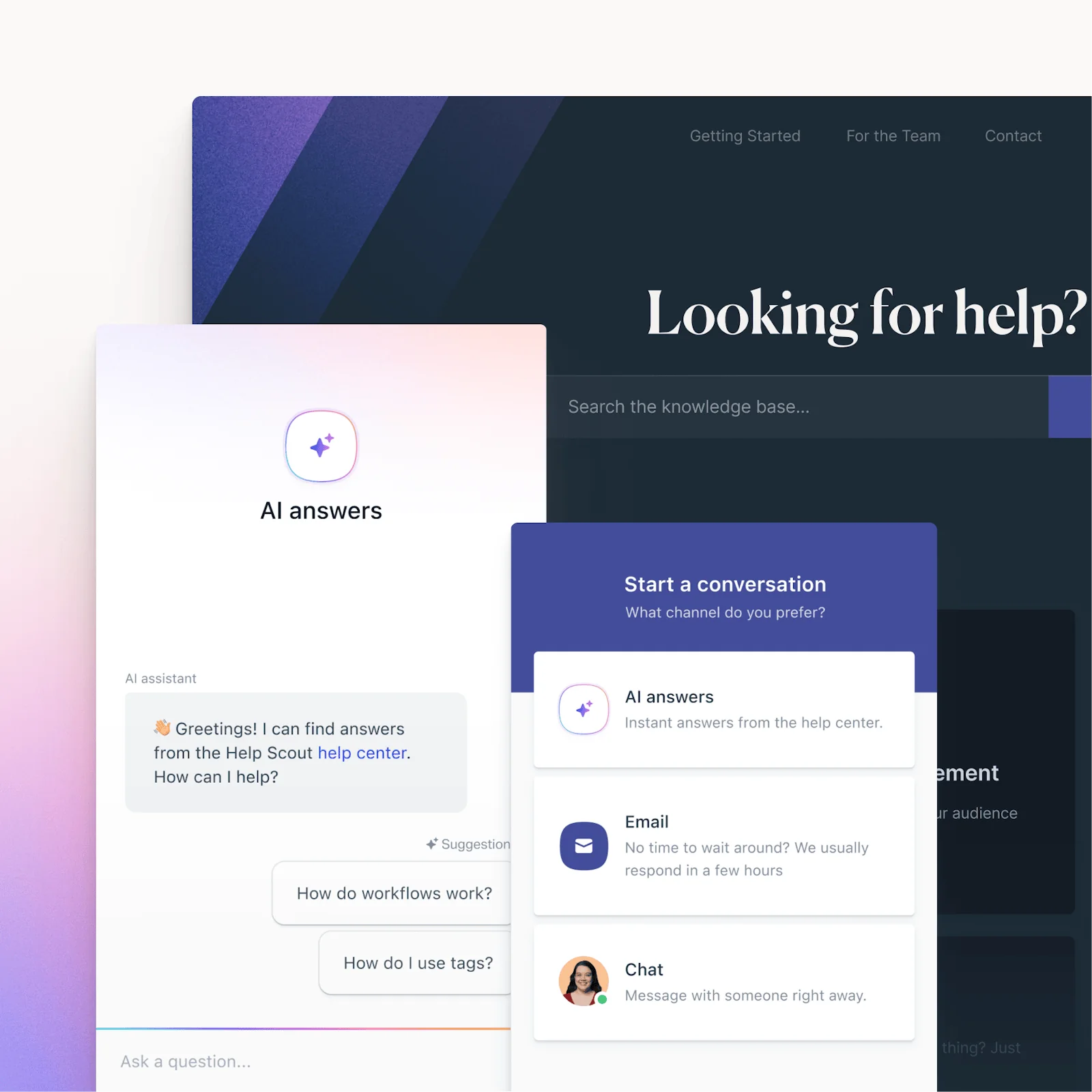 The Help Scout Beacon widget showing AI answers, knowledge base search, and channel options for email and chat