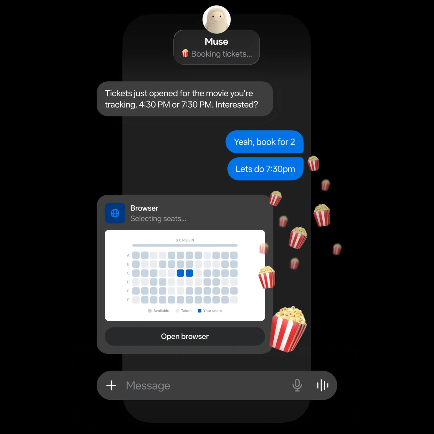 Muse chat showing a browser panel working on a task with an Open browser button, as taken from muse.ai