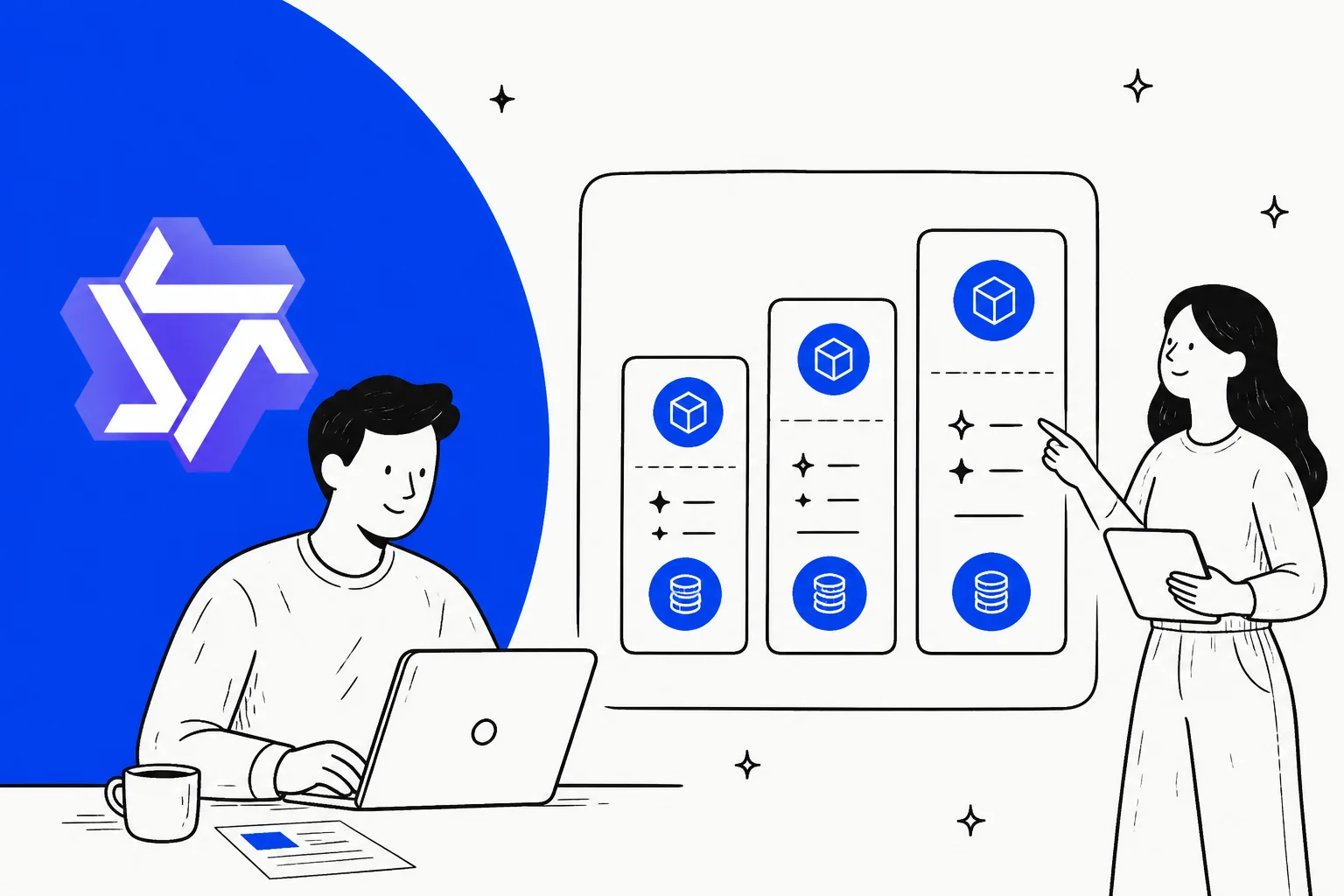 Illustration of two people reviewing tiered pricing cards on a screen, with the Qwen logo