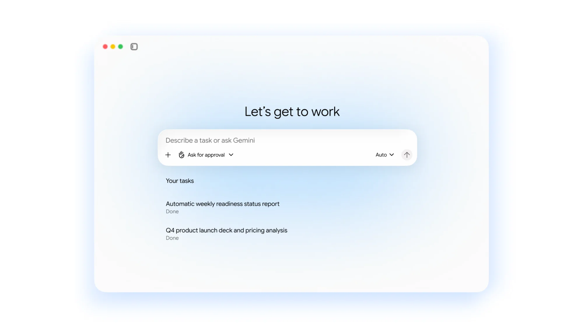 The Gemini agent app with a "Let's get to work" prompt box, an Ask for approval control, an Auto model picker, and a list of finished tasks, as taken from Google Cloud