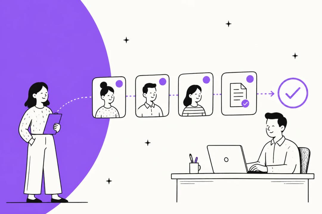 Illustration of employee HR requests moving through a tracked ticket queue