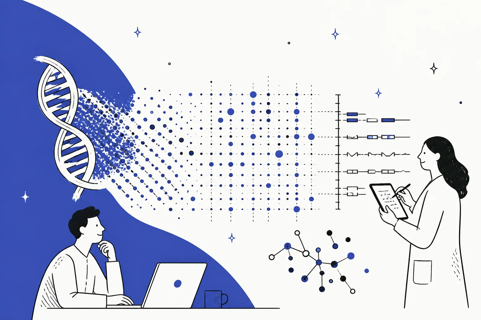 Abstract DNA double helix dissolving into a grid of scored data points in indigo blue