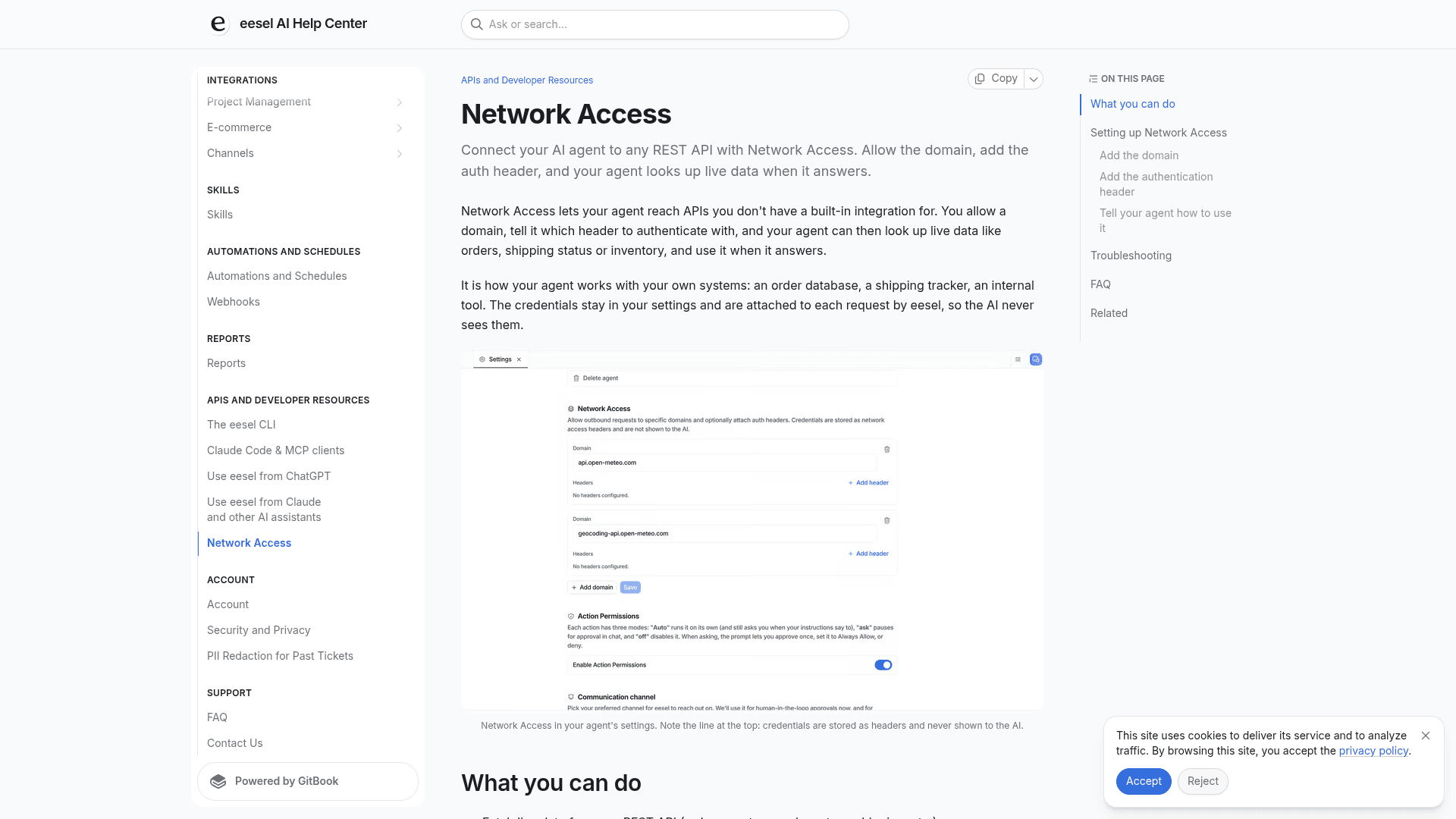 eesel's Network Access docs page showing the allowed-domain and auth-header settings, as captured from eesel's help center