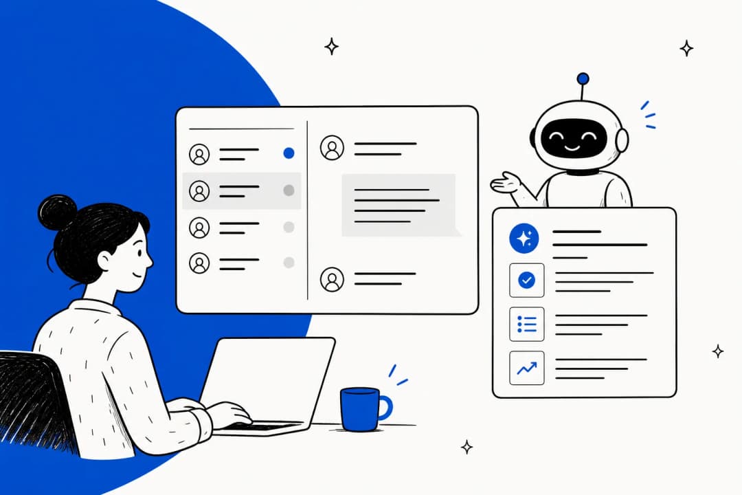 Illustration of a service team working alongside an AI assistant, with request queues and reporting panels