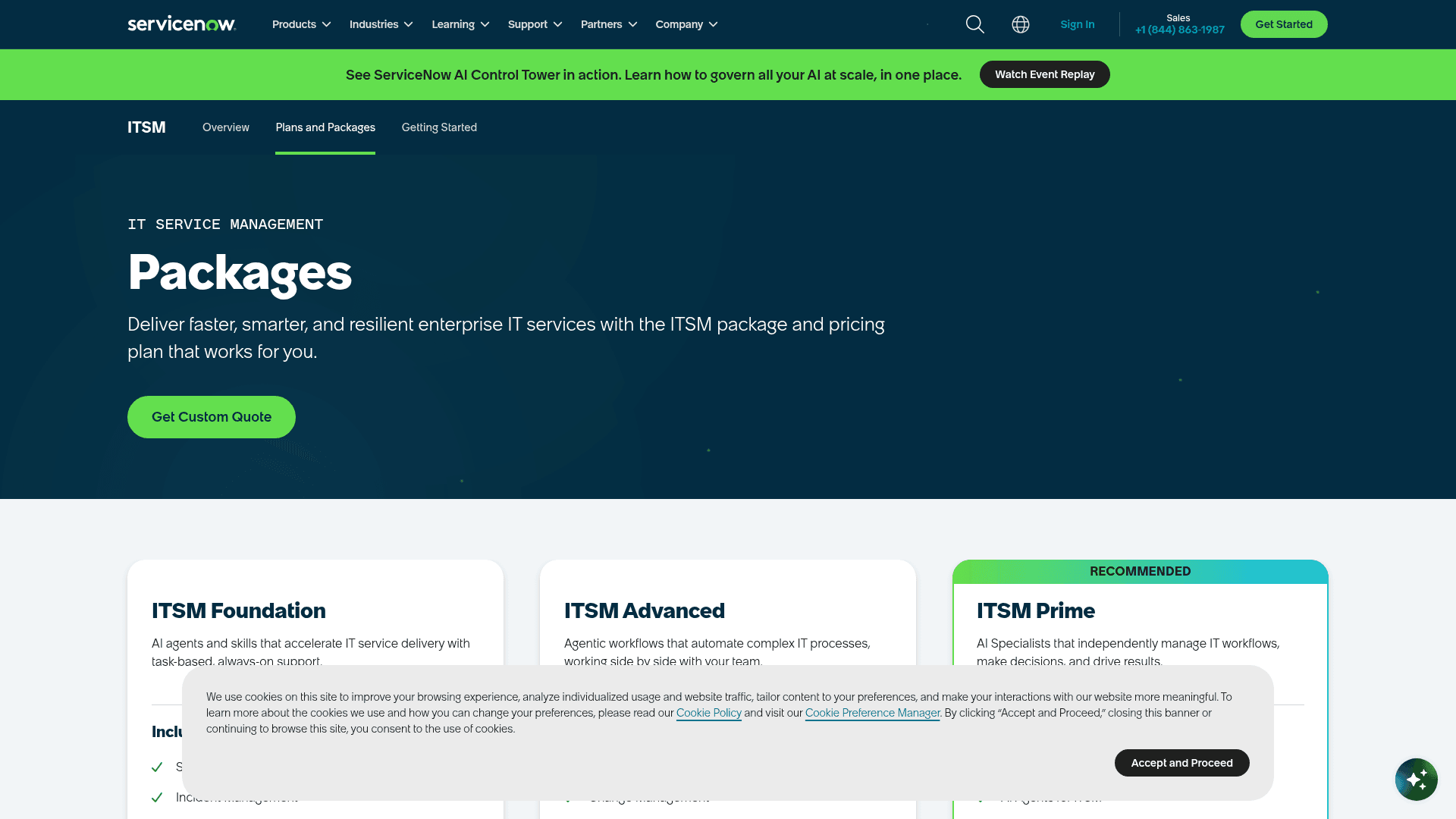 ServiceNow's ITSM packages page showing the Foundation, Advanced, and Prime tiers with a Get Custom Quote button, as taken from ServiceNow