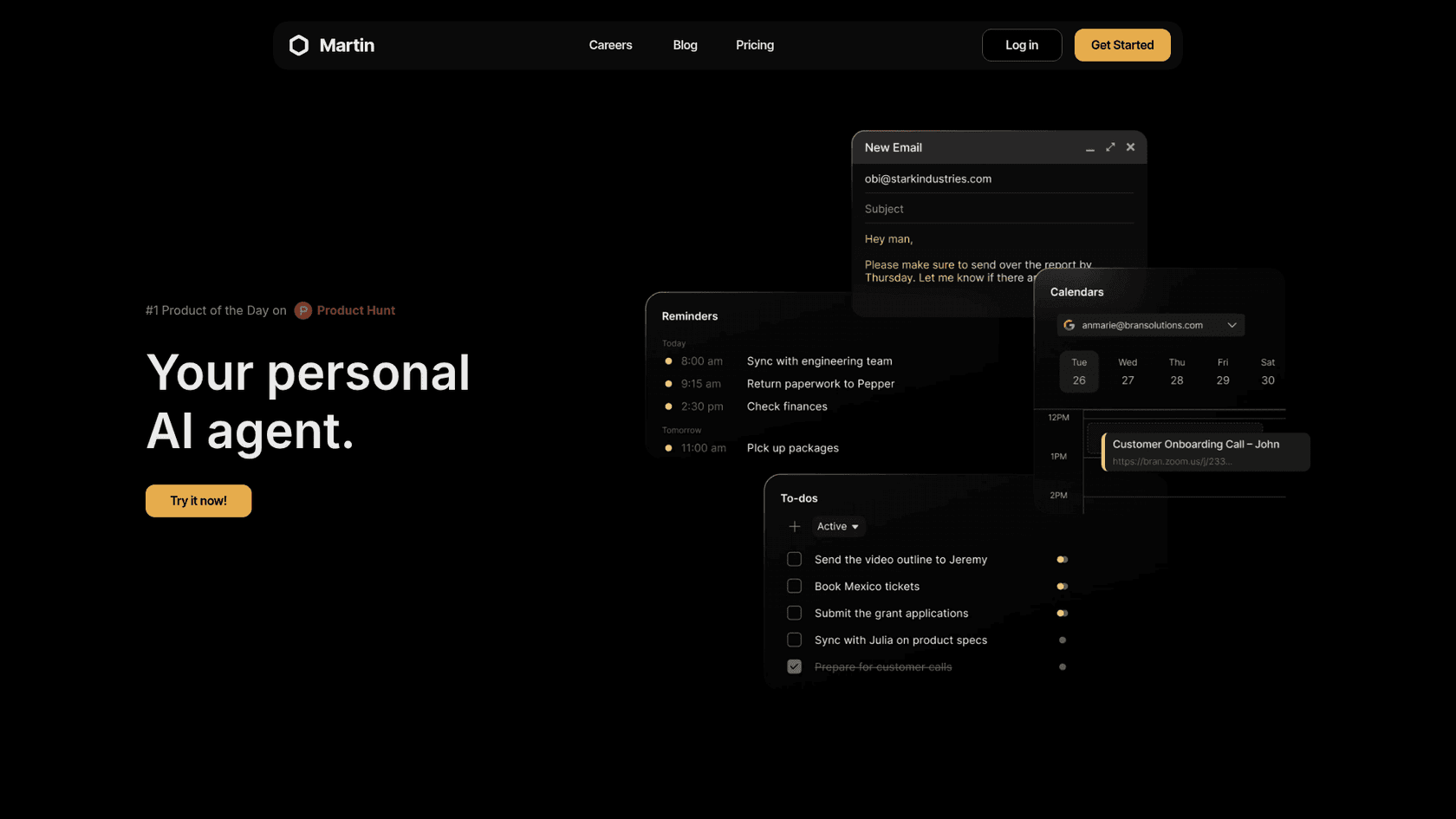 Martin's homepage headlined "Your personal AI agent" with reminders, a new email and a calendar, as captured from trymartin.com