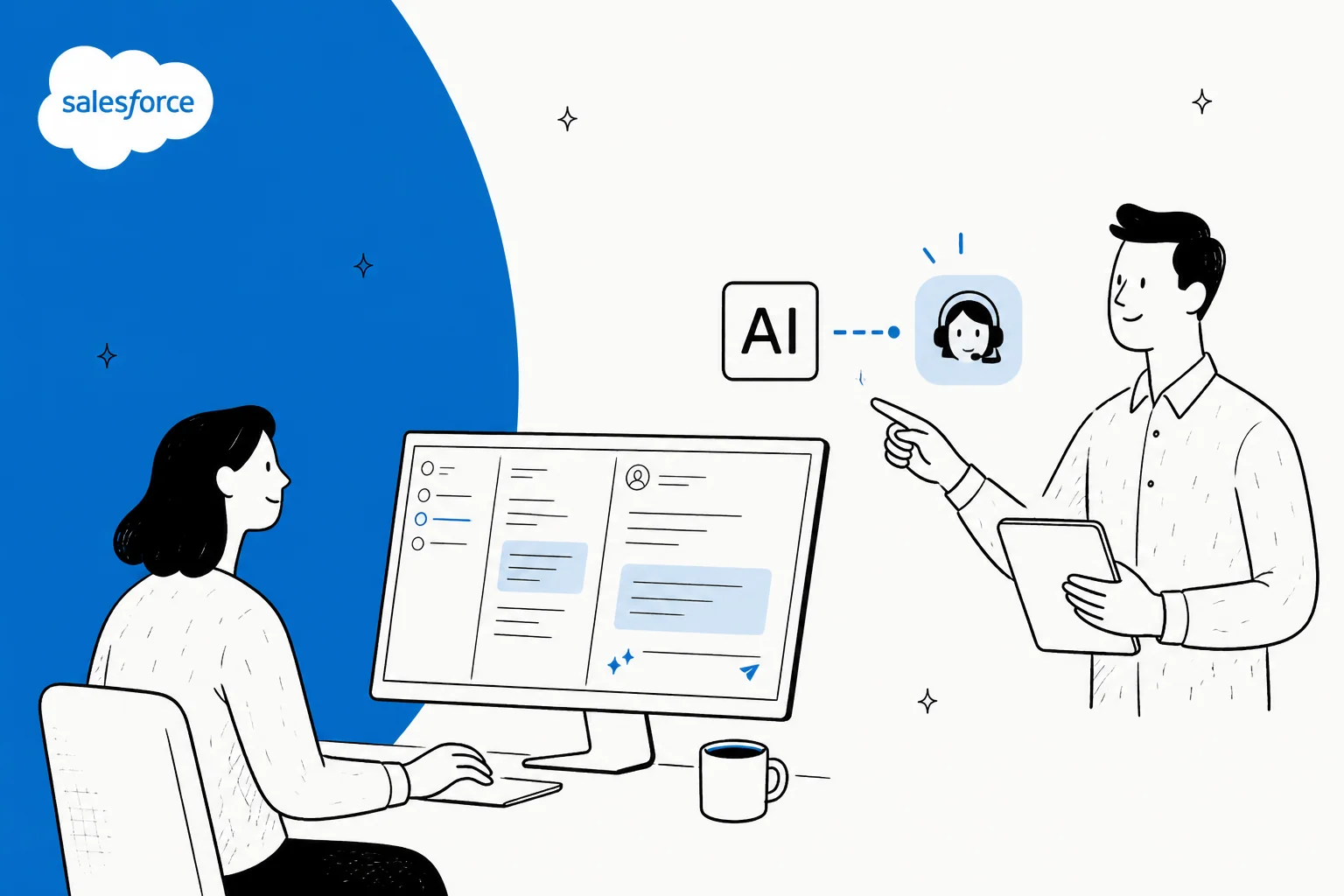 Illustration of an AI assistant reading and drafting replies on support cases inside Salesforce Service Cloud
