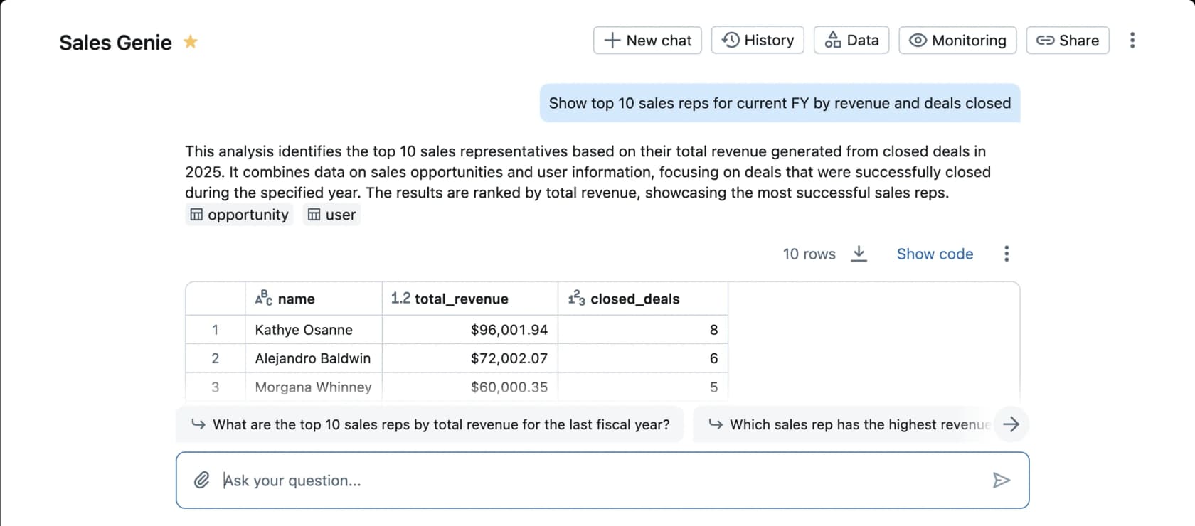 The Databricks Genie chat answering a natural-language question with a results table, as taken from Databricks