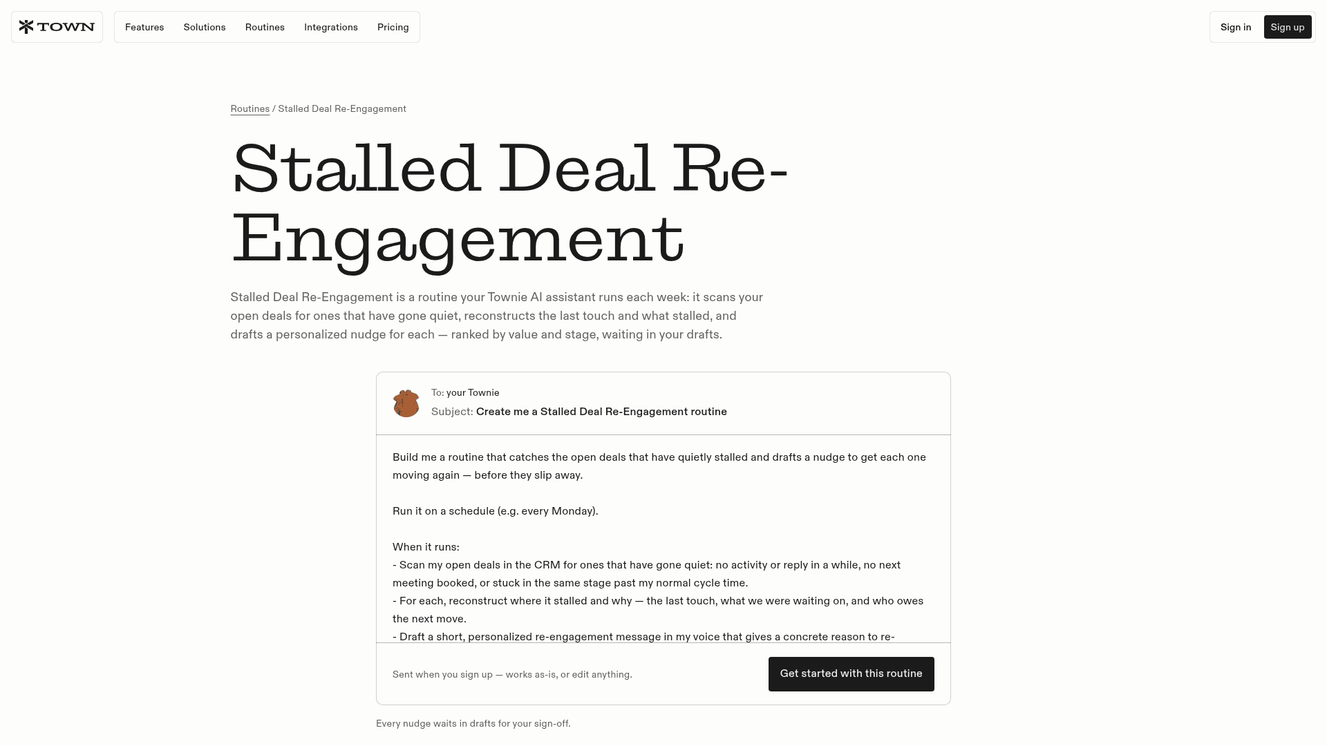 Town's Stalled Deal Re-Engagement routine page describing a weekly scan of open deals that drafts a personalized nudge for each, as taken from Town's routine library