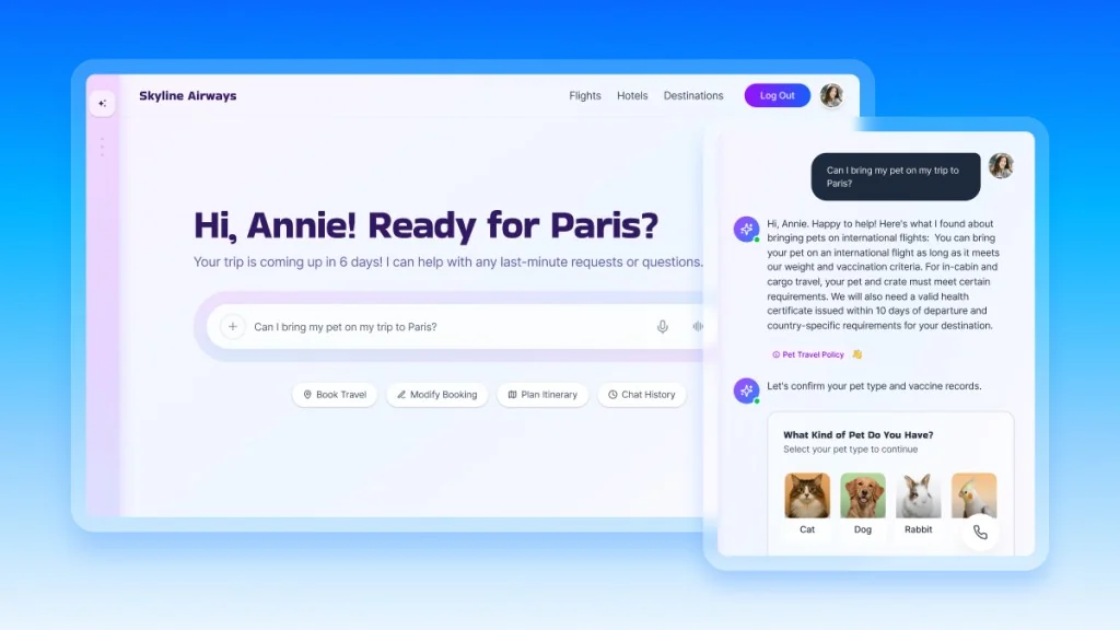 An Agentforce customer agent on an airline site answering whether a pet can travel to Paris, citing the Pet Travel Policy and then asking the customer to pick a pet type