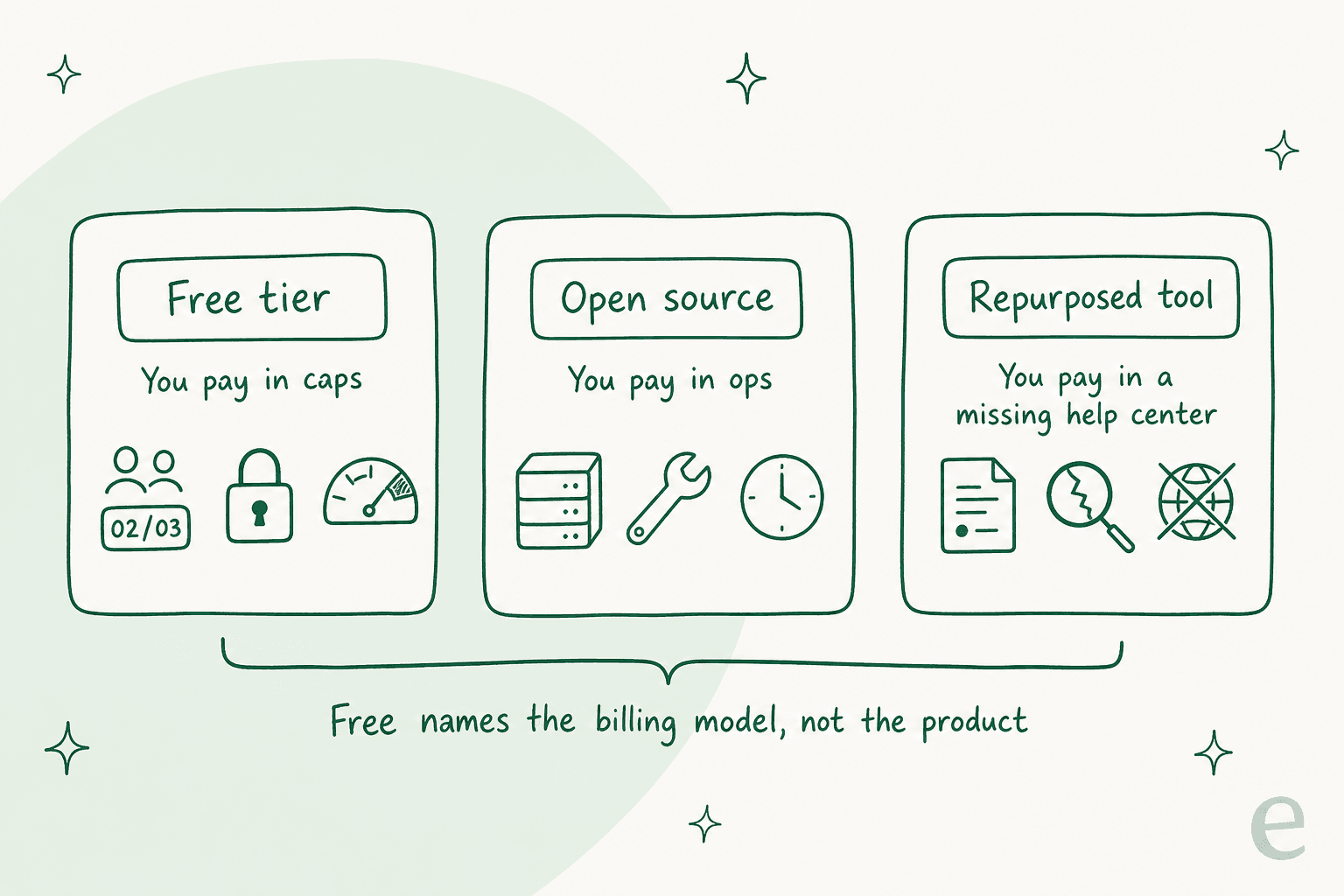 Three meanings of free knowledge base software: free tier pays in caps, open source pays in ops, repurposed tool pays in a missing help center