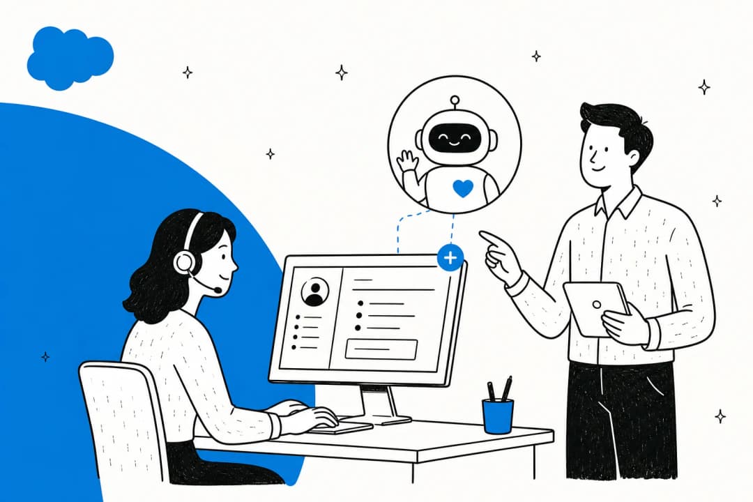 Illustrated hero banner for a guide on adding AI to Salesforce Service Cloud