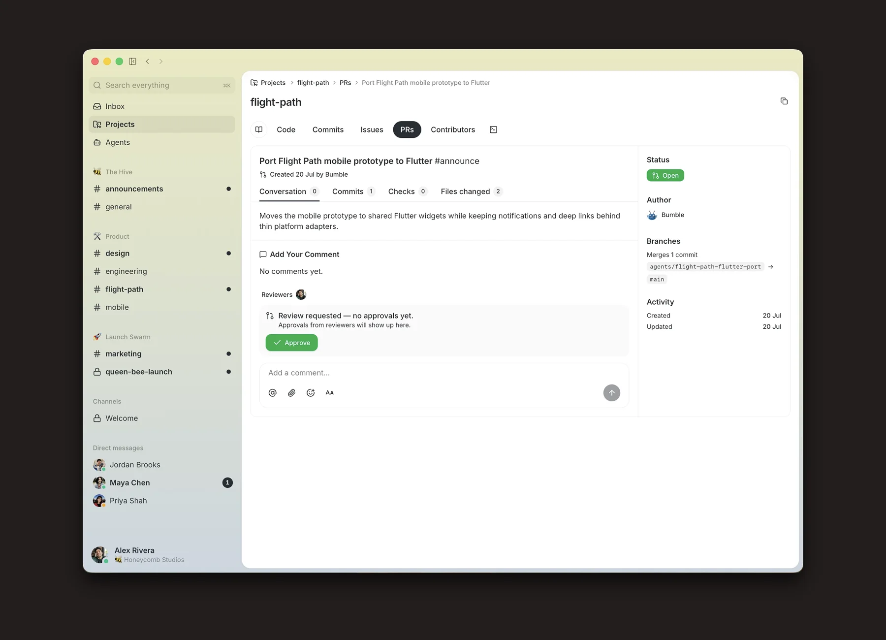 The Buzz Git forge showing a pull request with review status, branches, and activity, as taken from Block