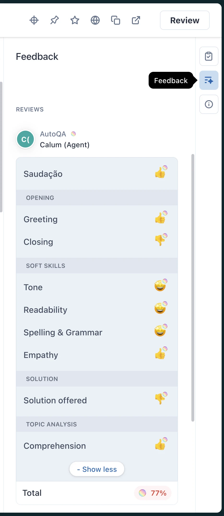Zendesk QA conversation view showing an AutoQA review for an agent with category ratings for Greeting, Closing, Tone, Readability, Spelling and Grammar, Empathy, Solution offered and Comprehension, totalling 77%, as taken from Zendesk's help center