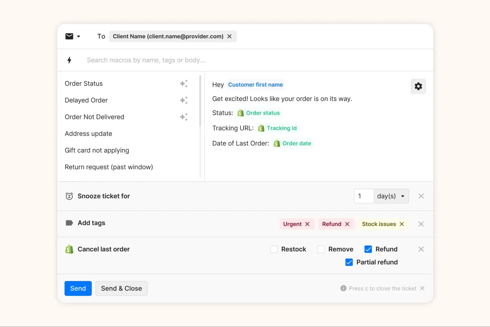 Gorgias agent workspace: reply composer with macros, Shopify order variables, and cancel-order actions, as taken from Gorgias