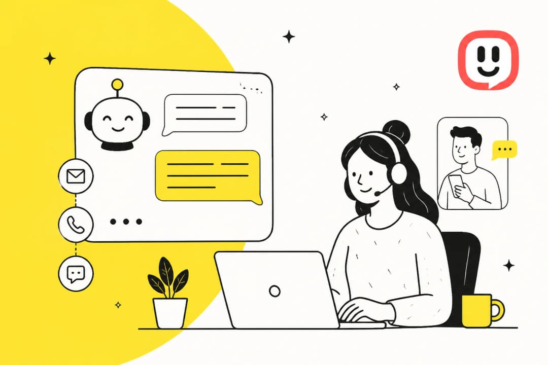 Illustration of an AI chatbot and a support agent handling customer conversations in Kustomer