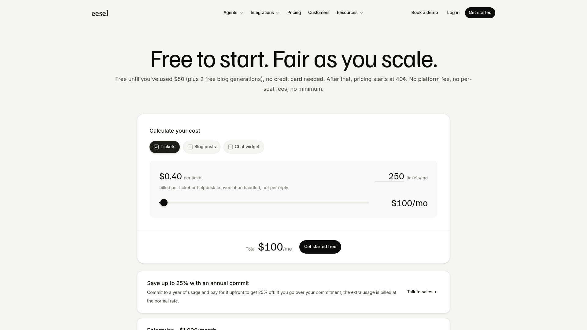 A screenshot of eesel AI's pricing page, showing the monthly credit plans.
