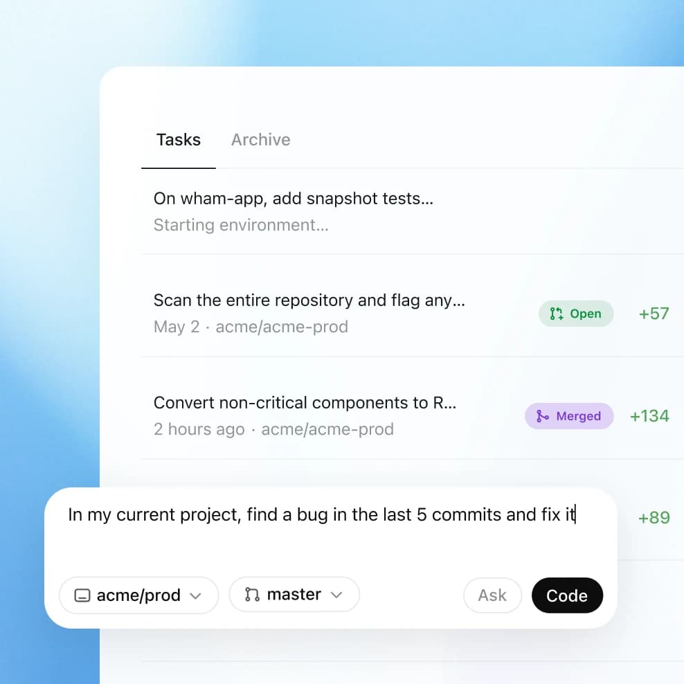 A ChatGPT Work task list from a code repo with a prompt reading "find a bug in the last 5 commits and fix it," showing open and merged pull requests, as taken from OpenAI